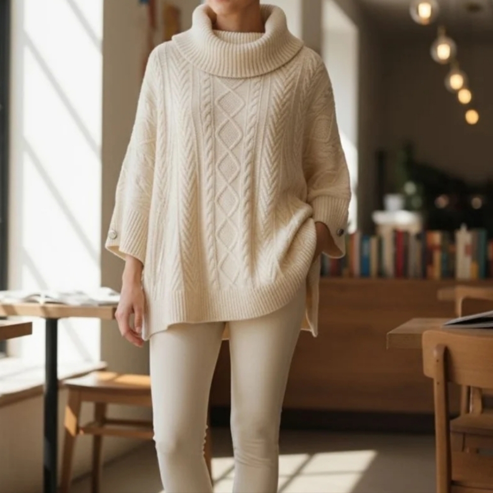 White House Black Market Poncho Turtleneck Cableknit Cream Size L/XL